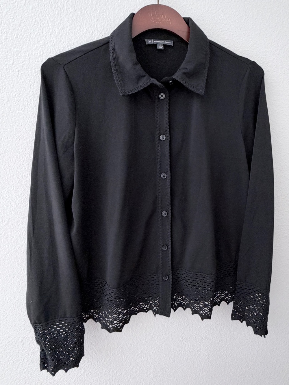 ADRIANA PAPELL Black Button-Up Long Sleeve Top with Crochet Hem SMALL